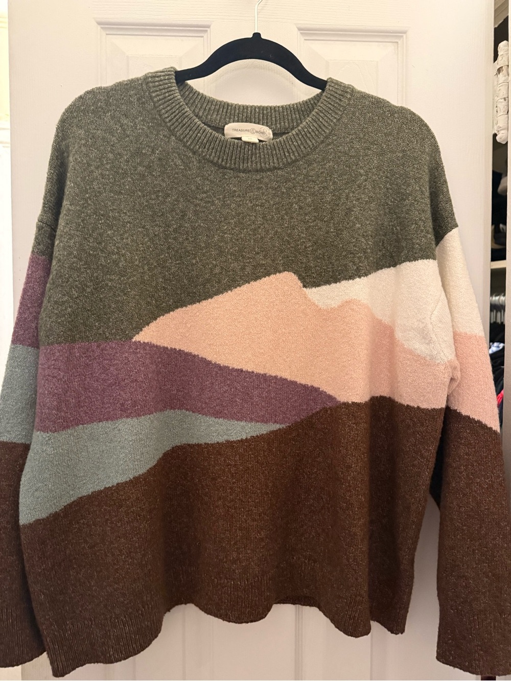 Treasure & Bond Multicolor Scenic Crewneck Sweater — Olive, Pink & Brown